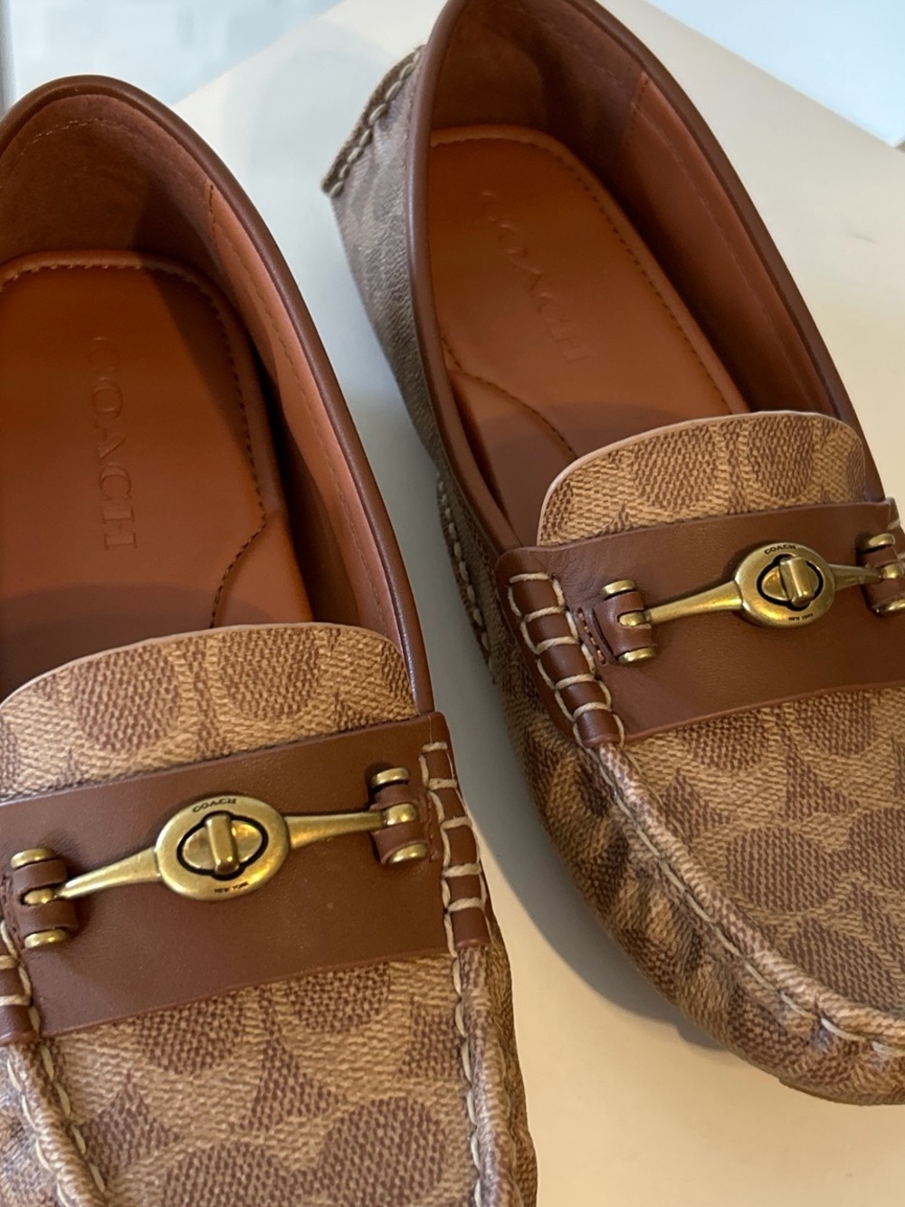 Coach Brown Monogram Leather Trim Moccasins with Gold Hardware